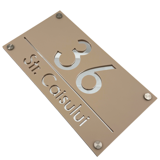 PREMIUM HOUSE NUMBER - Cream colour Satin Silver Mirror 4 Spacers Silver - 28×15 cm