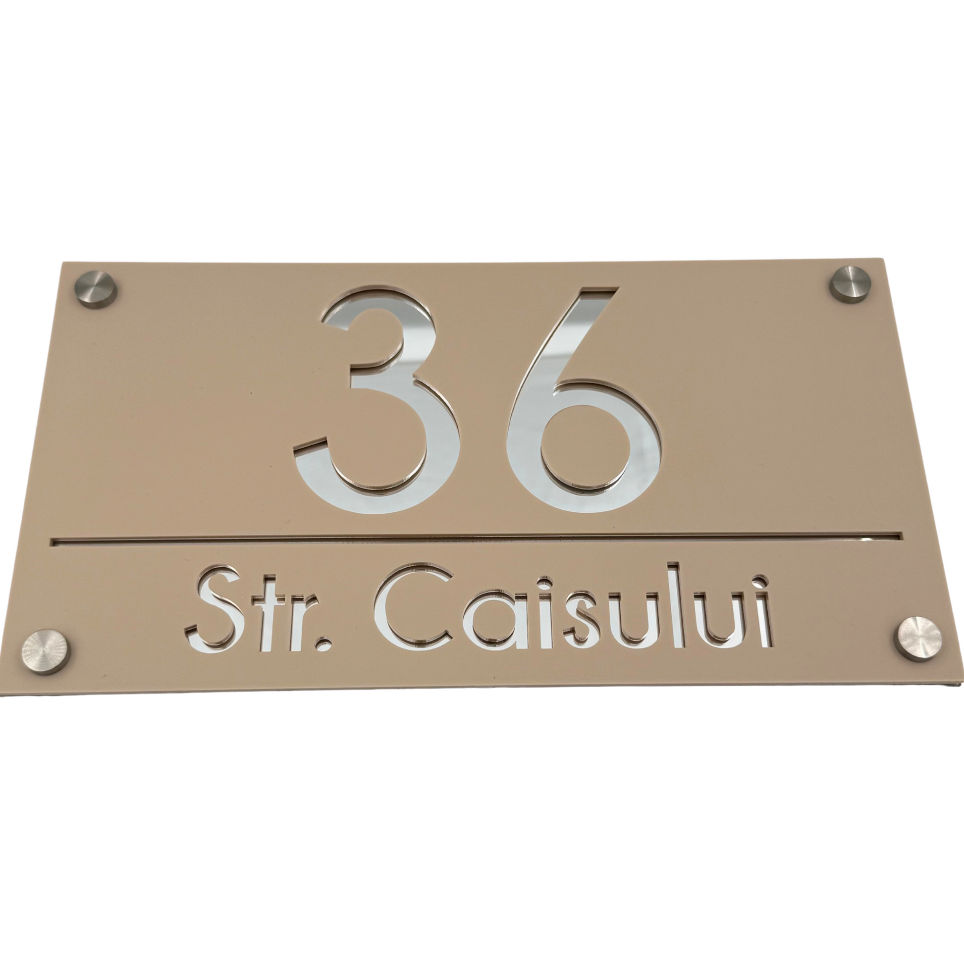 PREMIUM HOUSE NUMBER - Cream colour Satin Silver Mirror 4 Spacers Silver - 28×15 cm