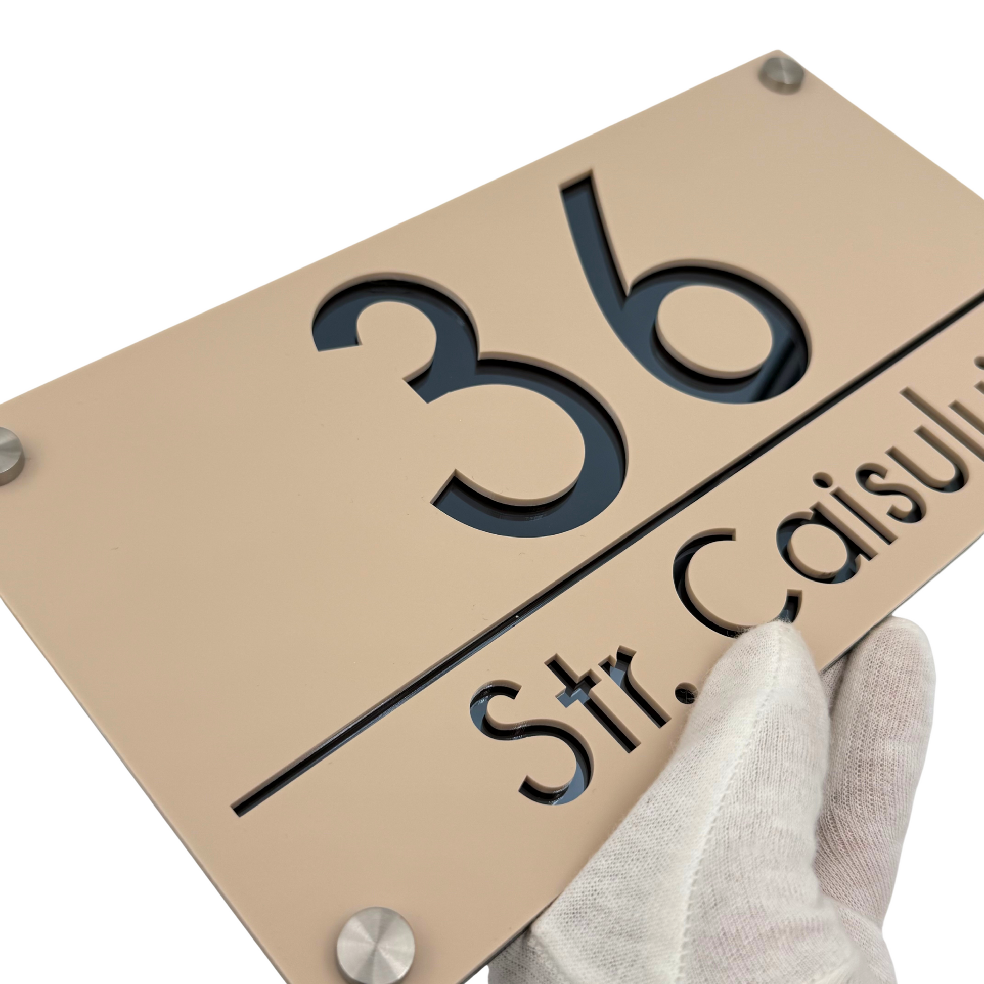 PREMIUM HOUSE NUMBER - Cream colour Satin Anthracite Grey Mirror 4 Spacers Silver - 28×15 cm