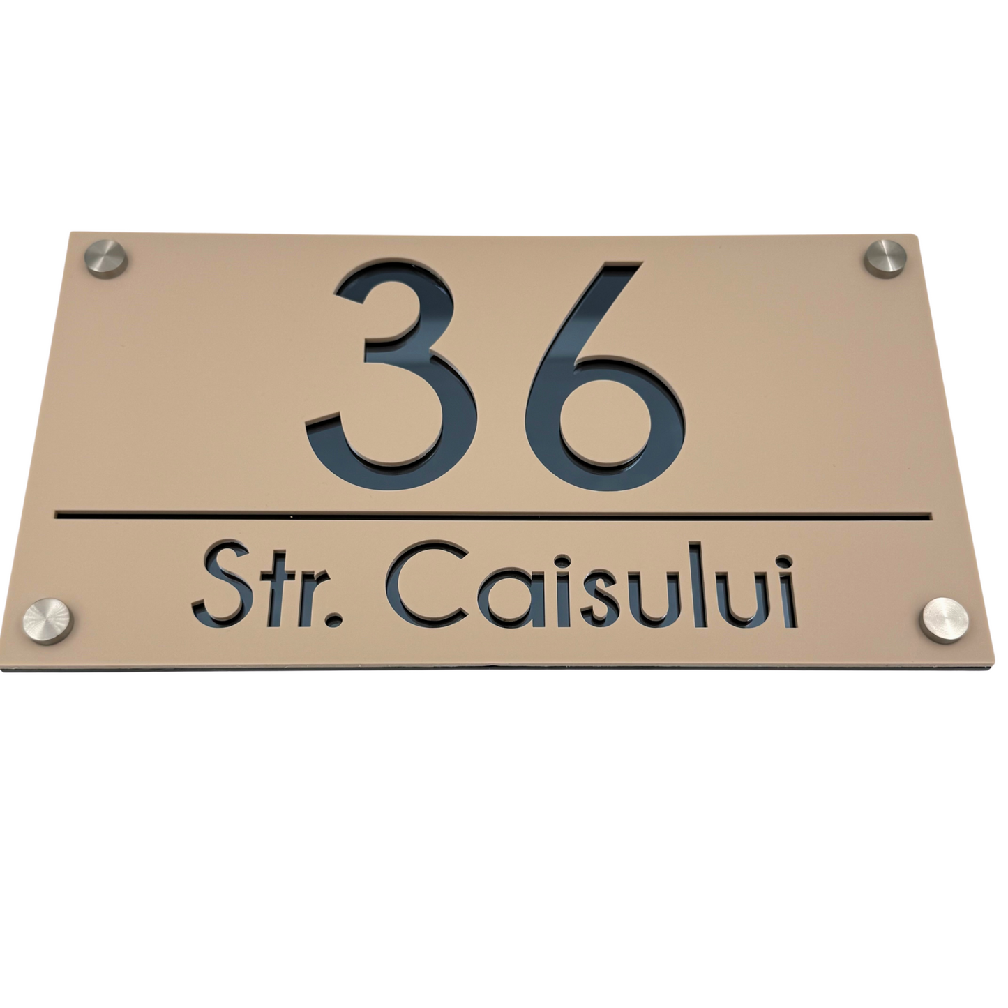 PREMIUM HOUSE NUMBER - Cream colour Satin Anthracite Grey Mirror 4 Spacers Silver - 28×15 cm