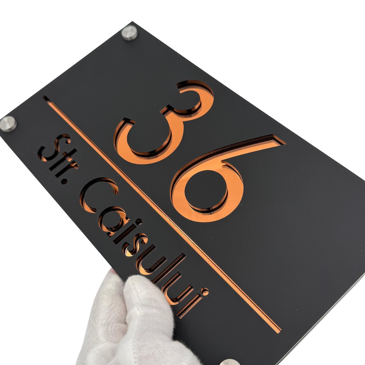 PREMIUM HOUSE NUMBER - Satin Black Copper Mirror 4 Spacers Silver - 28×15 cm