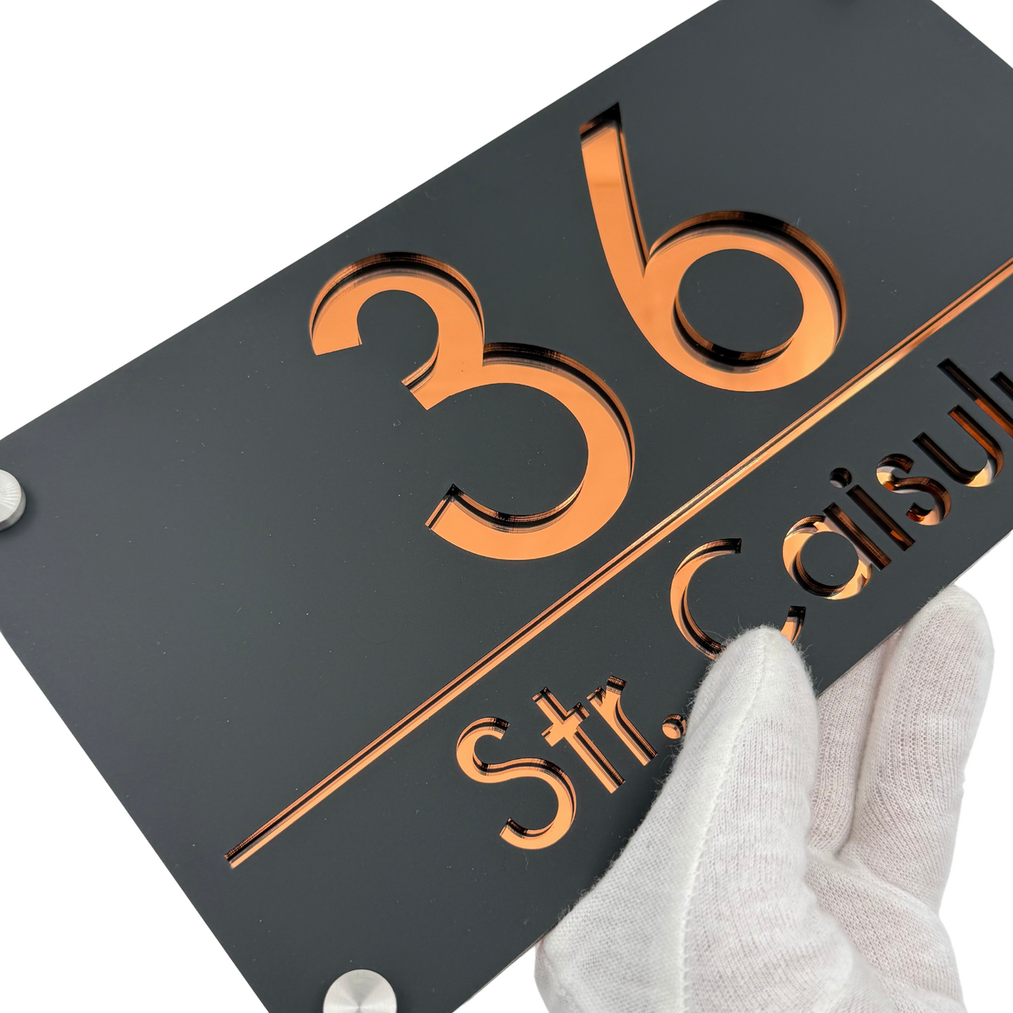 PREMIUM HOUSE NUMBER - Satin Black Copper Mirror 4 Spacers Silver - 28×15 cm