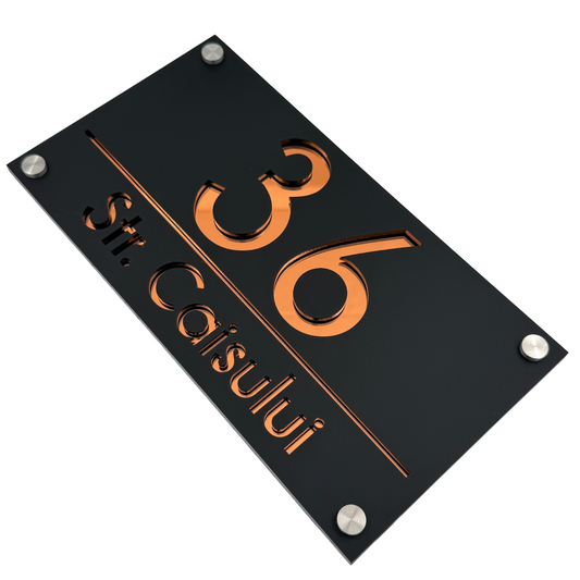 PREMIUM HOUSE NUMBER - Satin Black Copper Mirror 4 Spacers Silver - 28×15 cm