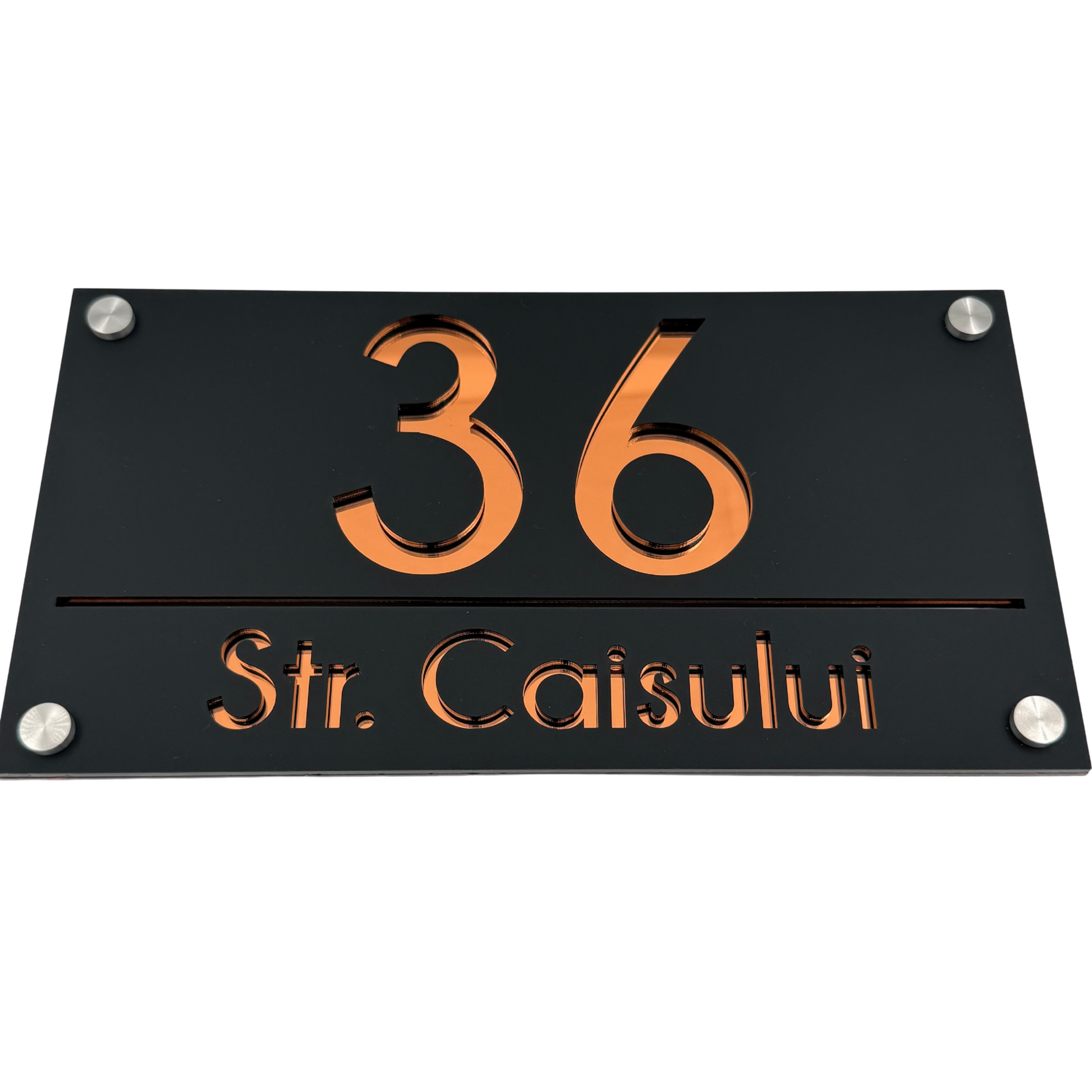 PREMIUM HOUSE NUMBER - Satin Black Copper Mirror 4 Spacers Silver - 28×15 cm