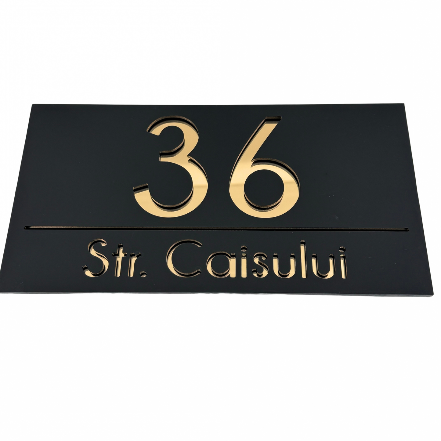 PREMIUM HOUSE NUMBER - Satin Black Gold Mirror - 28×15 cm