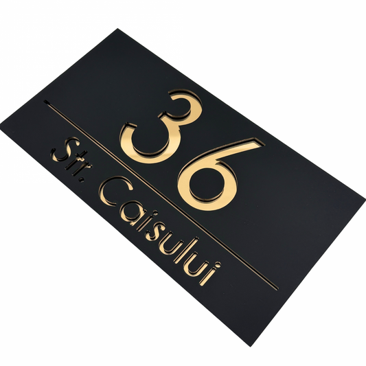 PREMIUM HOUSE NUMBER - Satin Black Gold Mirror - 28×15 cm