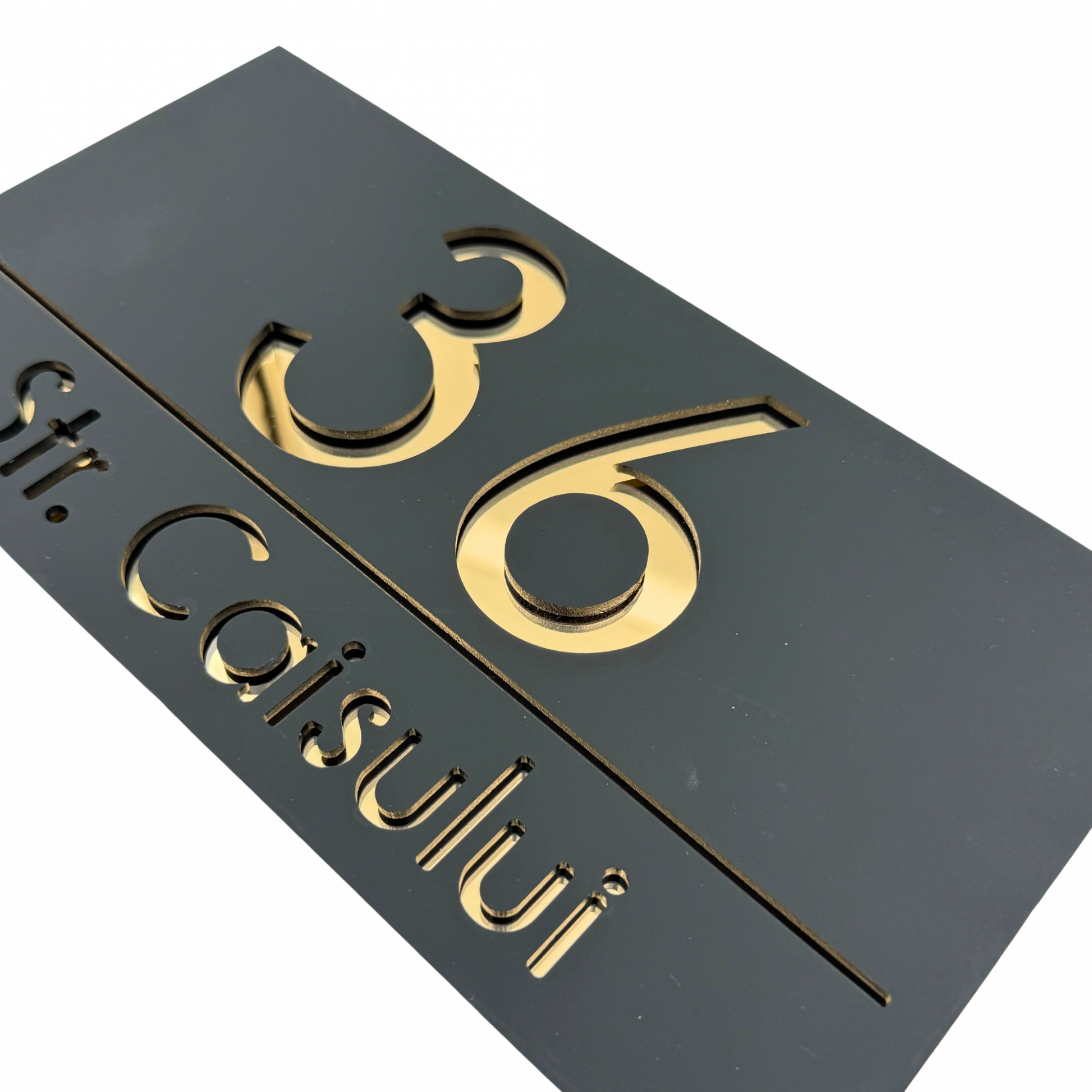 PREMIUM HOUSE NUMBER - Satin Black Gold Mirror - 28×15 cm