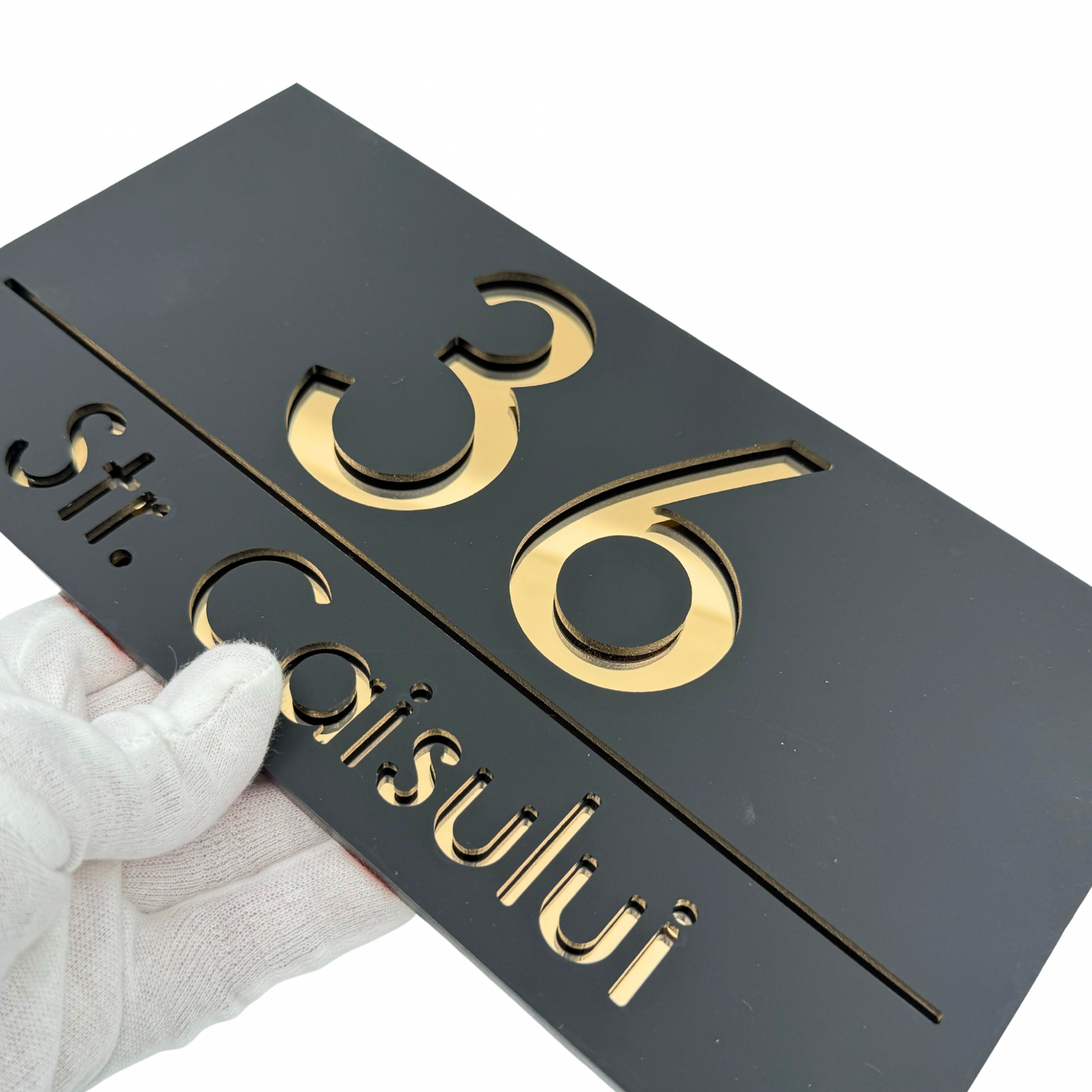 PREMIUM HOUSE NUMBER - Satin Black Gold Mirror - 28×15 cm