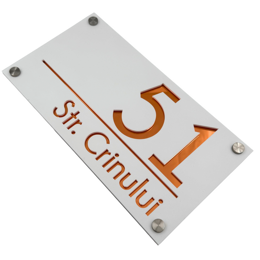 PREMIUM HOUSE NUMBER - White Satin Copper Mirror 4 Spacers Silver - 28×15 cm
