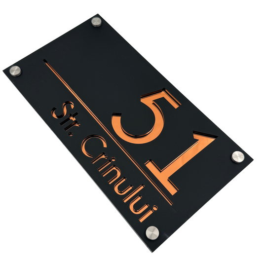PREMIUM HOUSE NUMBER - Satin Black Copper Mirror 4 Spacers Silver - 28×15 cm