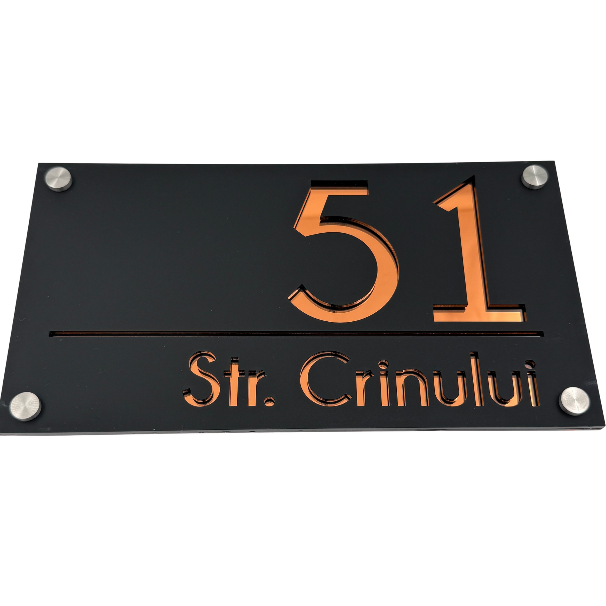 PREMIUM HOUSE NUMBER - Satin Black Copper Mirror 4 Spacers Silver - 28×15 cm