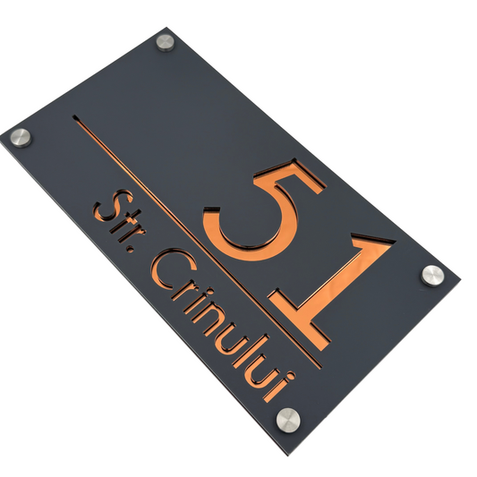 PREMIUM HOUSE NUMBER - Satin Grey Copper Mirror 4 Spacers Silver - 28×15 cm