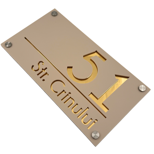 PREMIUM HOUSE NUMBER - Cream colour Satin Gold Mirror 4 Spacers Silver - 28×15 cm