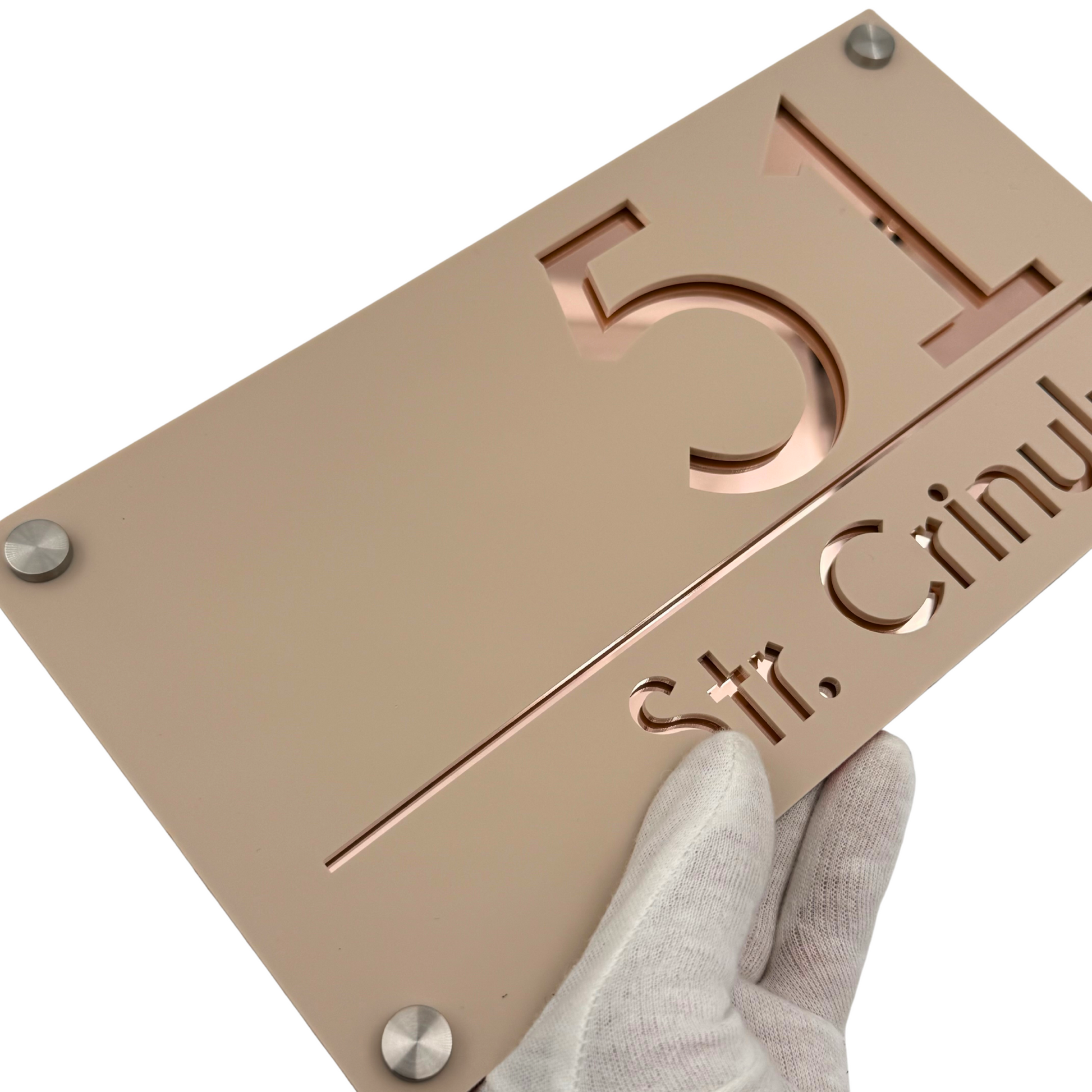 PREMIUM HOUSE NUMBER - Cream colour Satin Rose Gold Mirror 4 Spacers Silver - 28×15 cm
