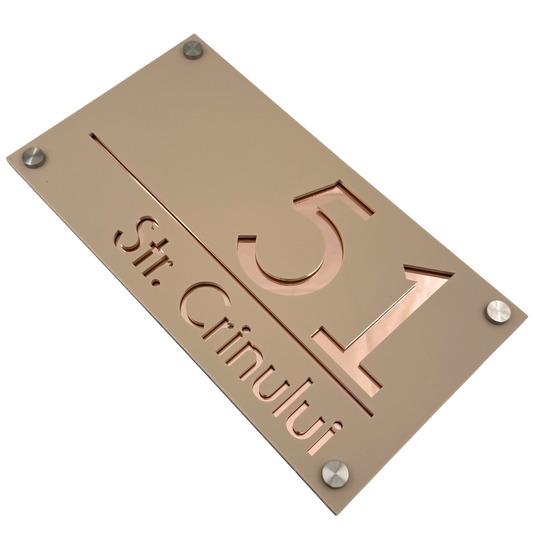 PREMIUM HOUSE NUMBER - Cream colour Satin Rose Gold Mirror 4 Spacers Silver - 28×15 cm