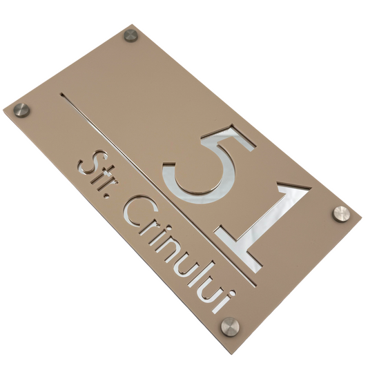 PREMIUM HOUSE NUMBER - Cream colour Satin Silver Mirror 4 Spacers Silver - 28×15 cm