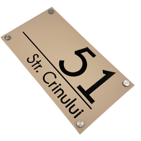 PREMIUM HOUSE NUMBER - Cream colour Satin Glossy Black 4 Spacers Silver - 28×15 cm