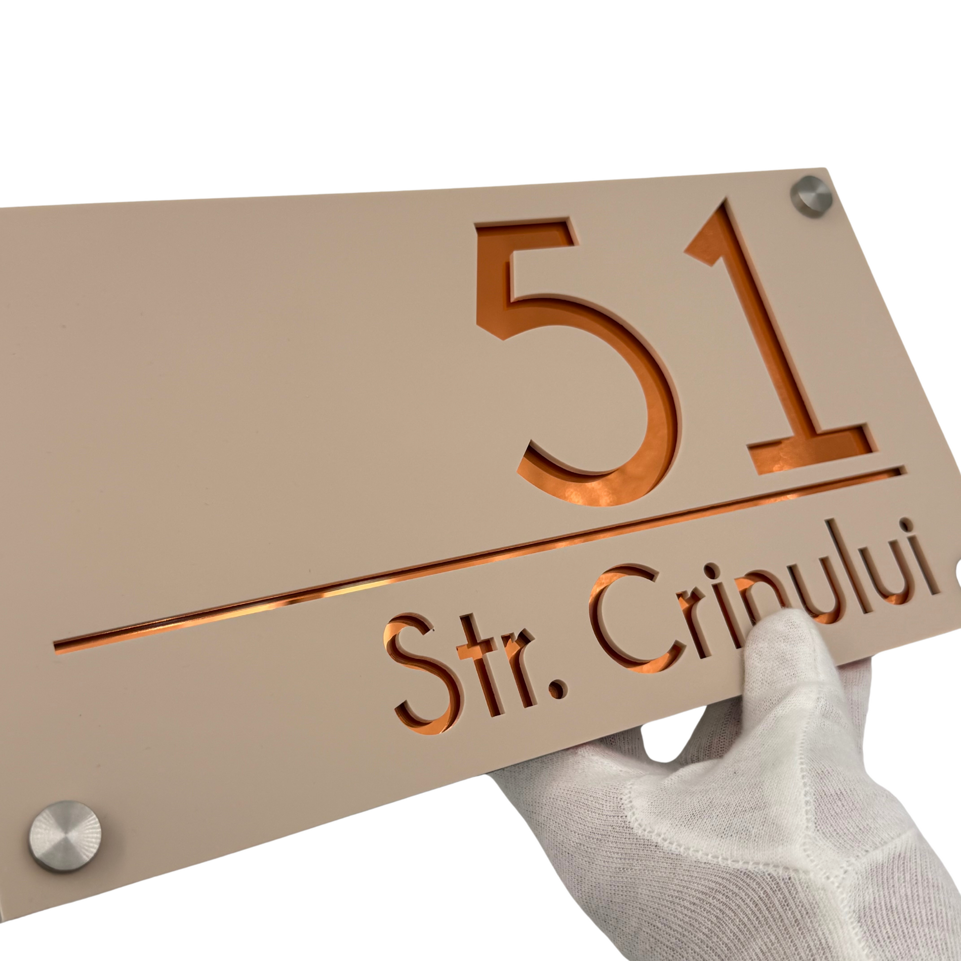 PREMIUM HOUSE NUMBER - Cream colour Satin Copper Mirror 4 Spacers Silver - 28×15 cm
