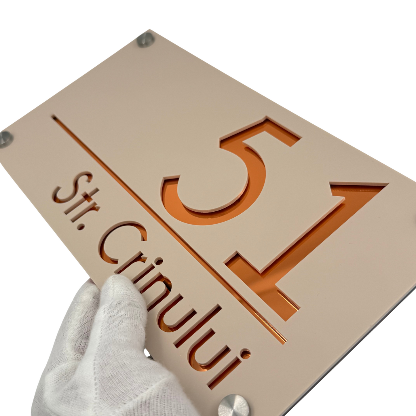 PREMIUM HOUSE NUMBER - Cream colour Satin Copper Mirror 4 Spacers Silver - 28×15 cm