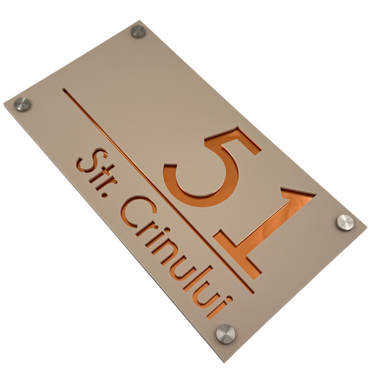 PREMIUM HOUSE NUMBER - Cream colour Satin Copper Mirror 4 Spacers Silver - 28×15 cm