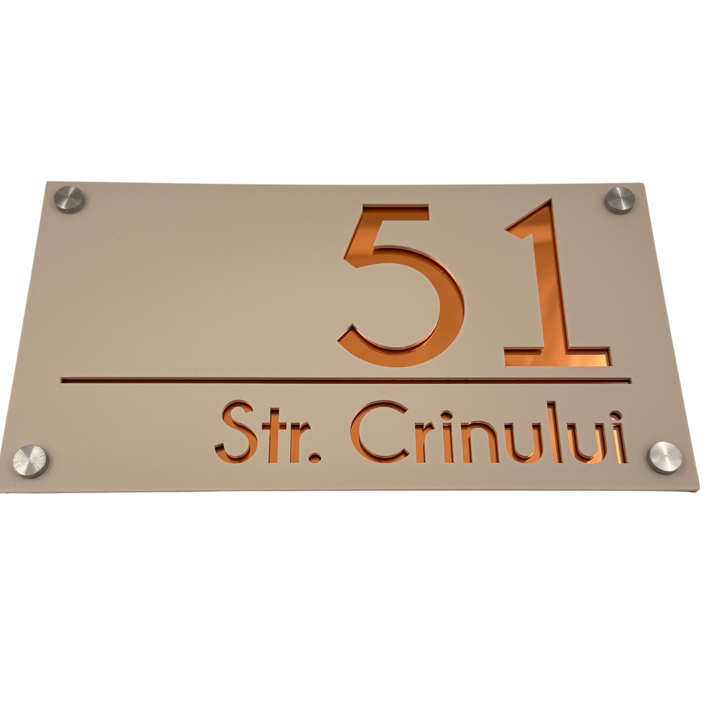 PREMIUM HOUSE NUMBER - Cream colour Satin Copper Mirror 4 Spacers Silver - 28×15 cm