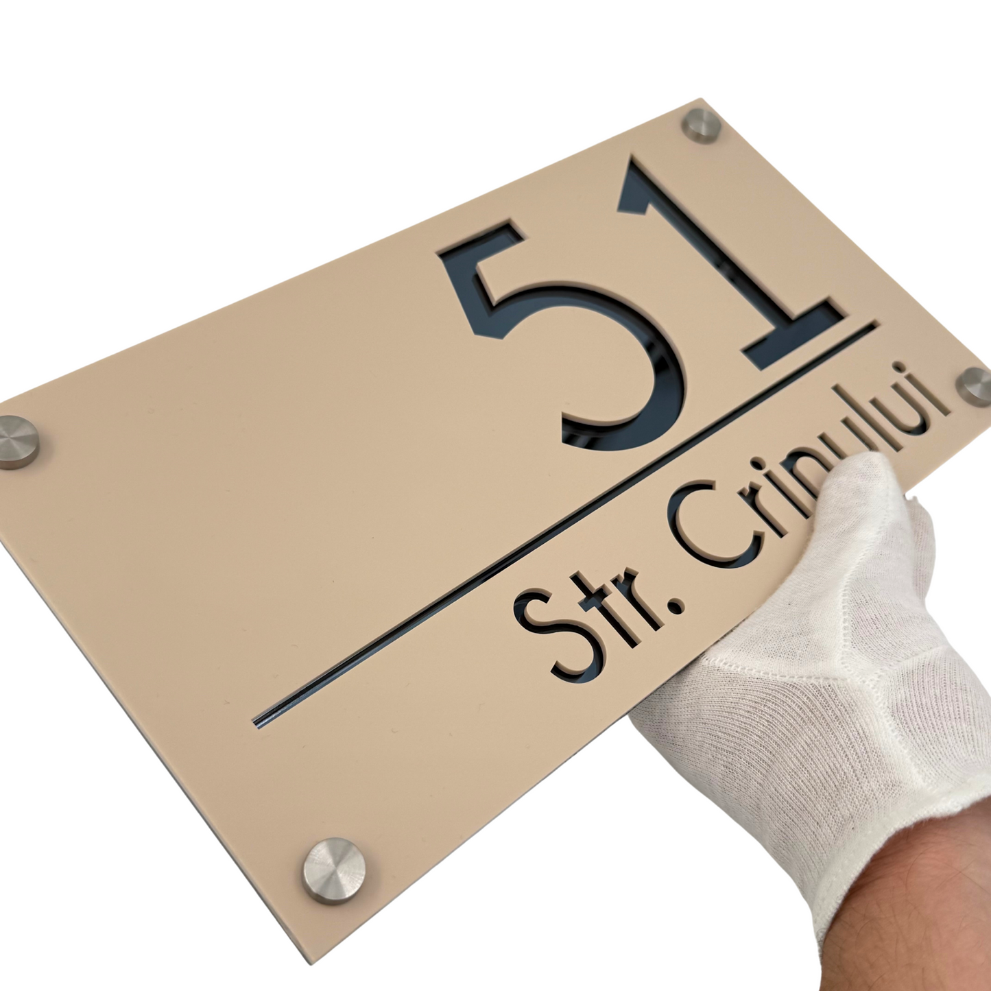 PREMIUM HOUSE NUMBER - Cream colour Satin Anthracite Grey Mirror 4 Spacers Silver - 28×15 cm