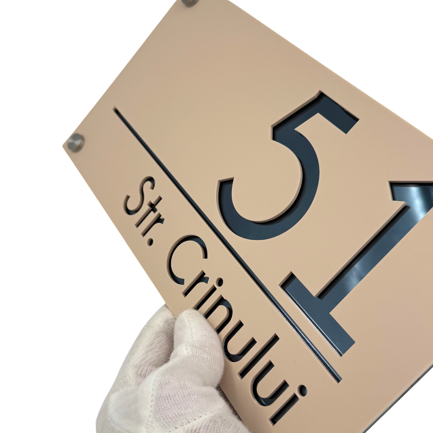 PREMIUM HOUSE NUMBER - Cream colour Satin Anthracite Grey Mirror 4 Spacers Silver - 28×15 cm