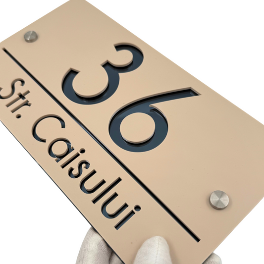PREMIUM HOUSE NUMBER - Cream colour Satin Anthracite Grey Mirror 2 Spacers Silver - 28×15 cm