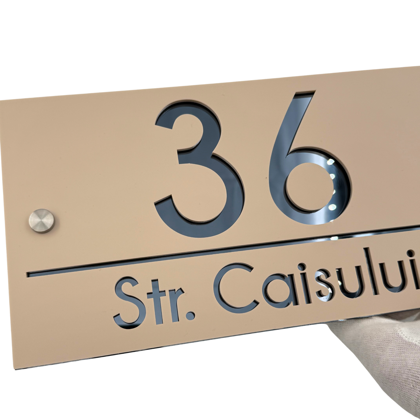 PREMIUM HOUSE NUMBER - Cream colour Satin Anthracite Grey Mirror 2 Spacers Silver - 28×15 cm
