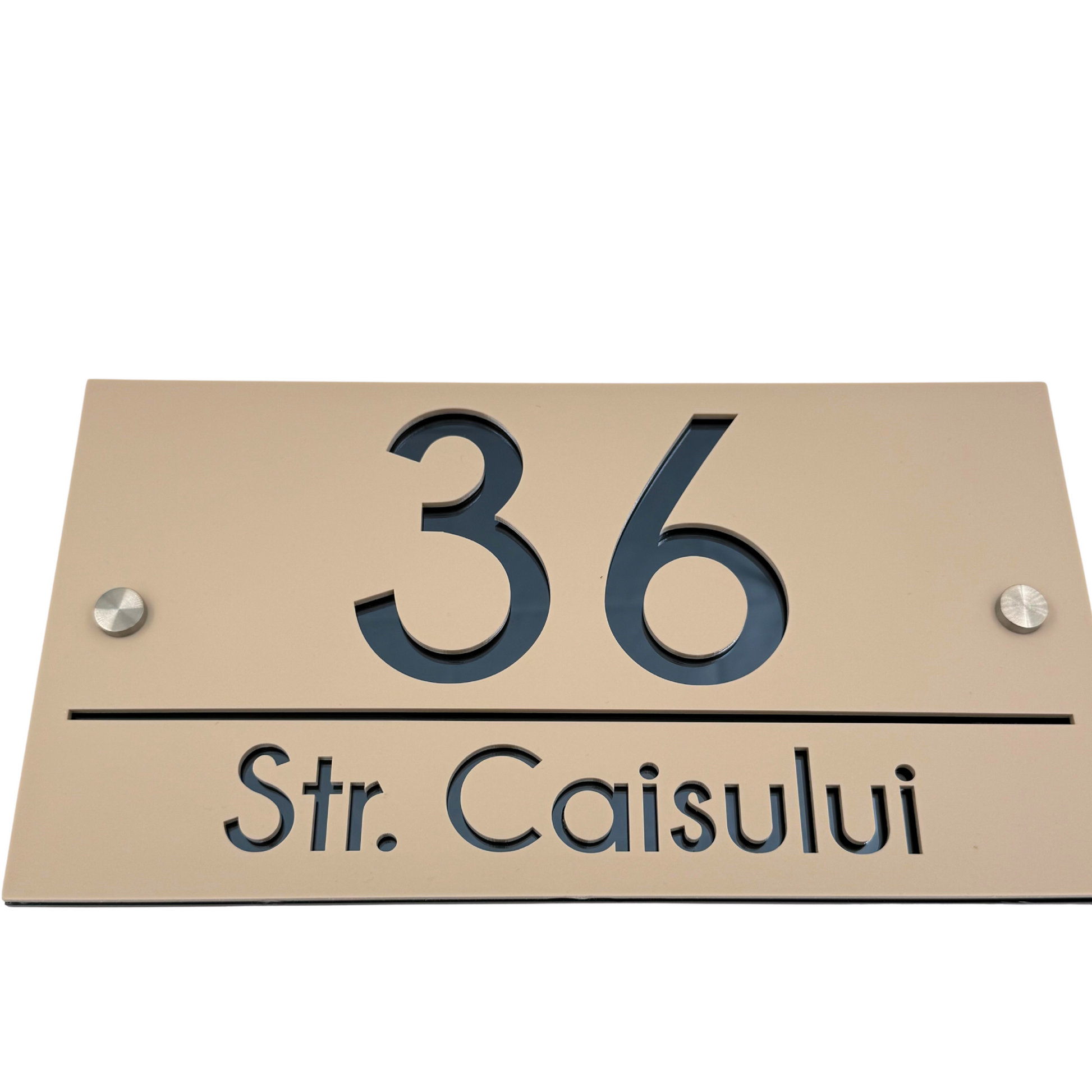 PREMIUM HOUSE NUMBER - Cream colour Satin Anthracite Grey Mirror 2 Spacers Silver - 28×15 cm