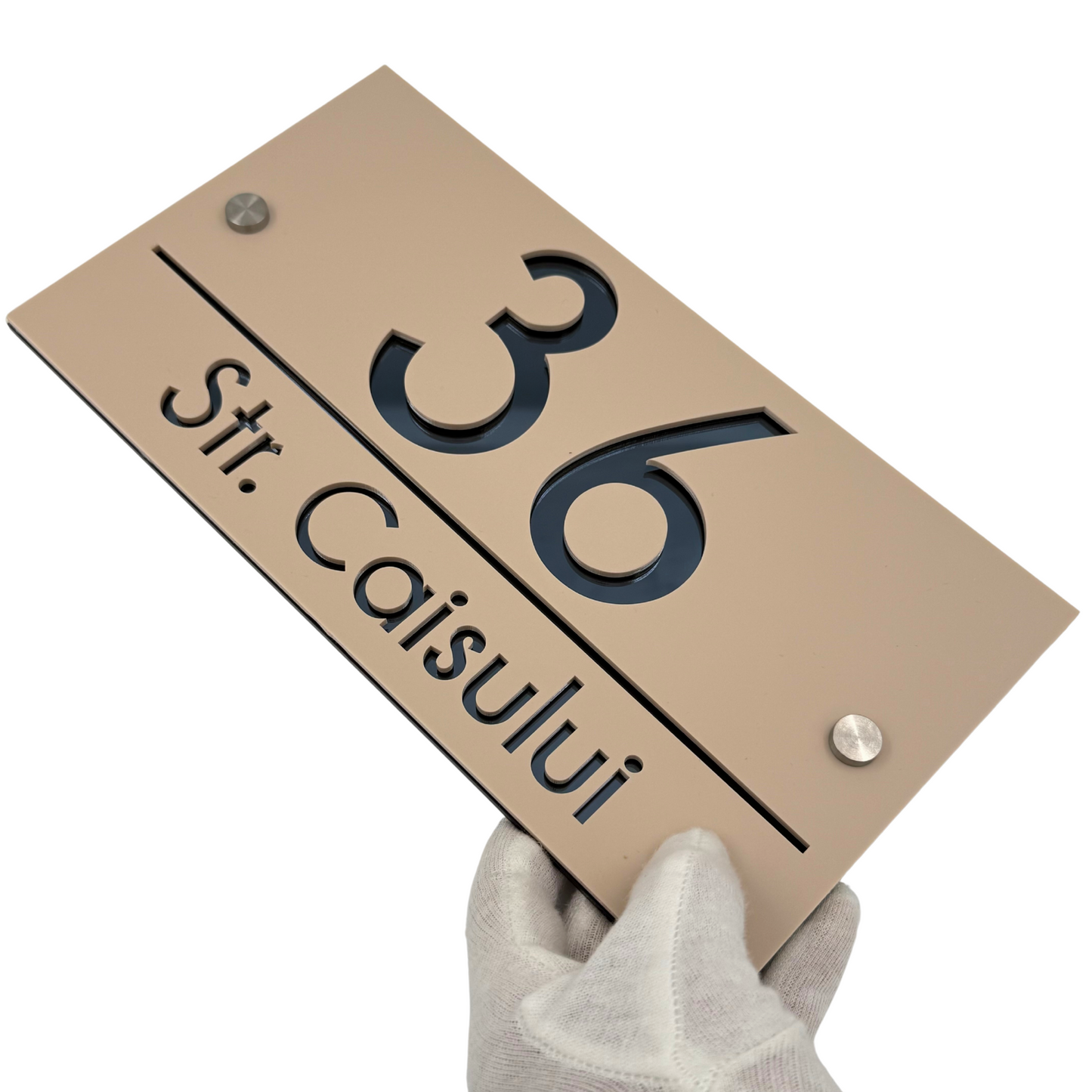 PREMIUM HOUSE NUMBER - Cream colour Satin Anthracite Grey Mirror 2 Spacers Silver - 28×15 cm
