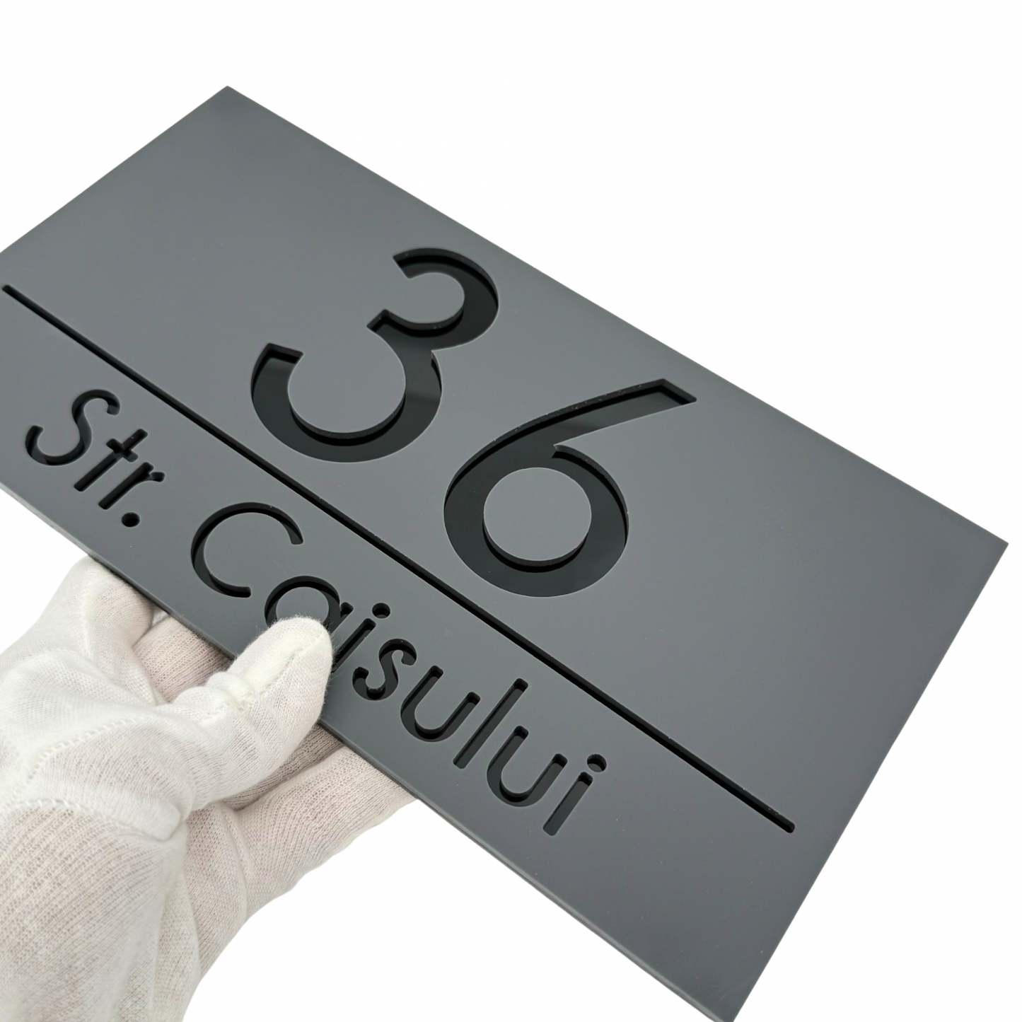 PREMIUM HOUSE NUMBER - Satin Grey Glossy Black - 28×15 cm
