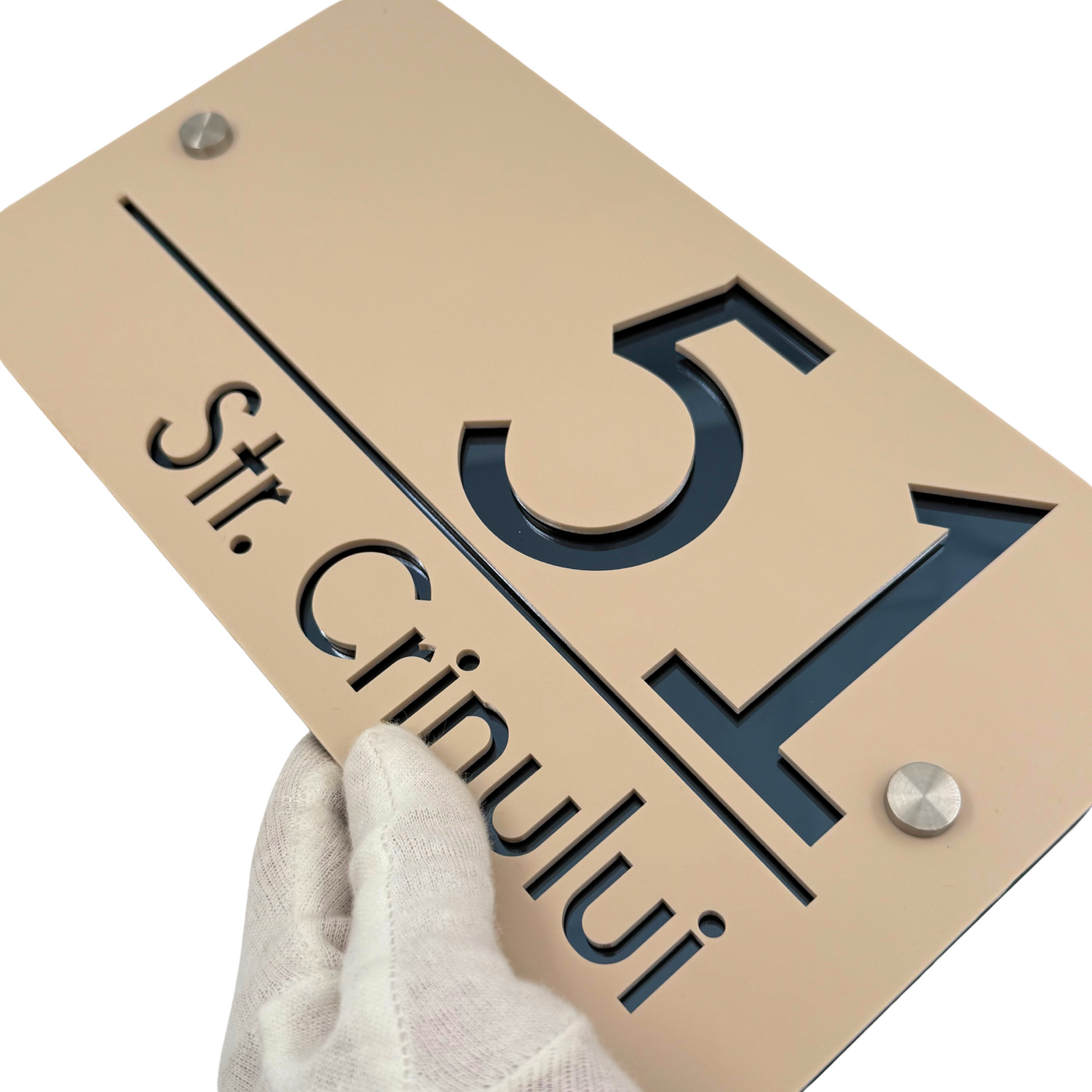 PREMIUM HOUSE NUMBER - Cream colour Satin Anthracite Grey Mirror 2 Spacers Silver - 28×15 cm
