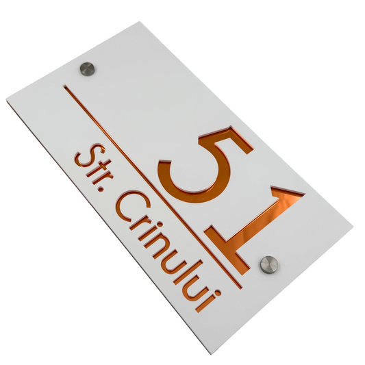 PREMIUM HOUSE NUMBER - White Satin Copper Mirror 2 Spacers Silver - 28×15 cm