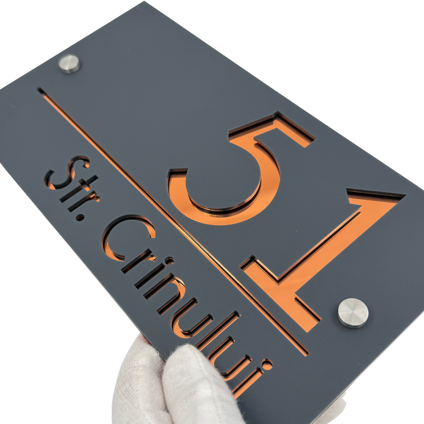 PREMIUM HOUSE NUMBER - Satin Grey Copper Mirror 2 Spacers Silver - 28×15 cm