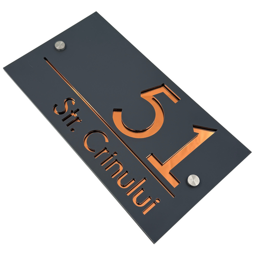 PREMIUM HOUSE NUMBER - Satin Grey Copper Mirror 2 Spacers Silver - 28×15 cm