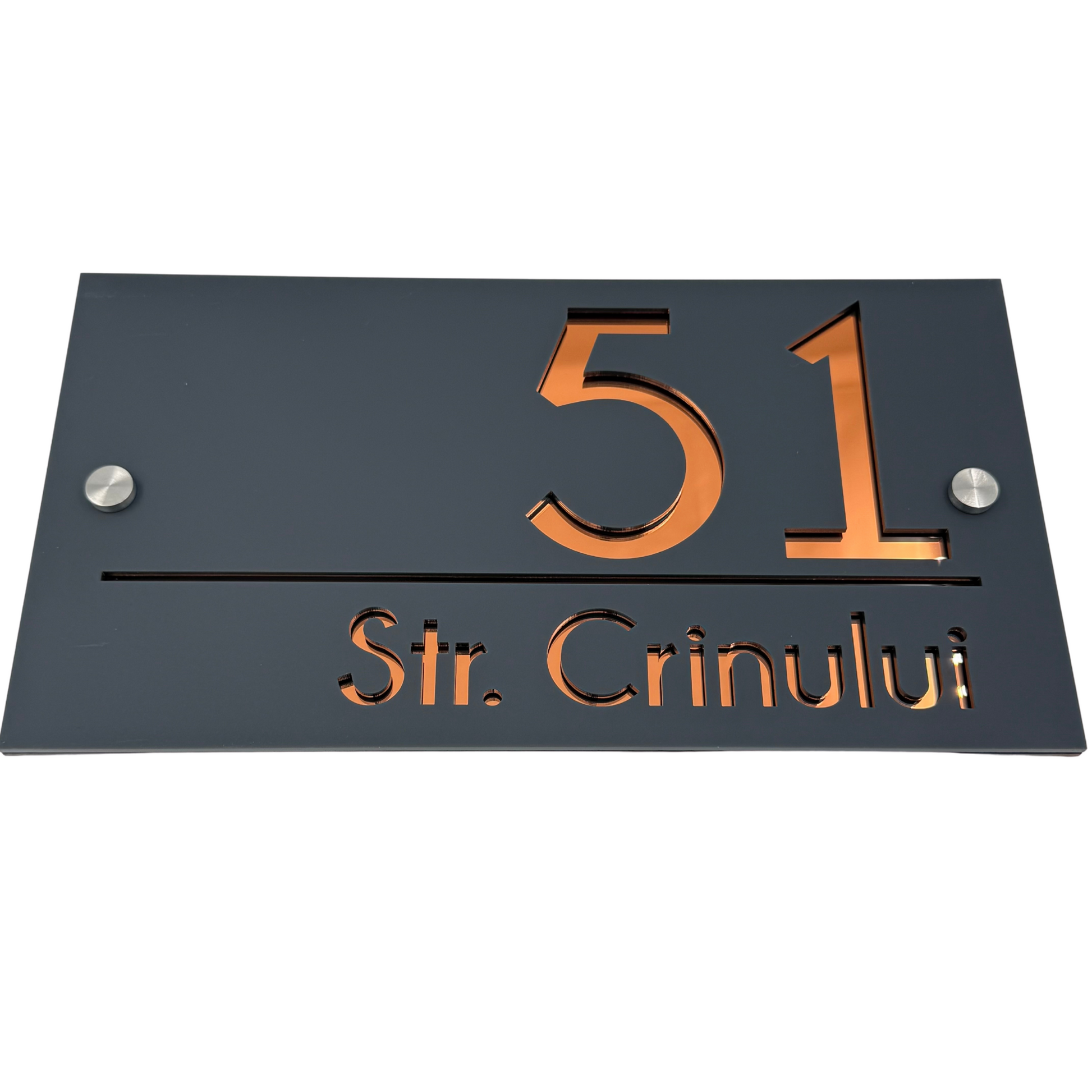 PREMIUM HOUSE NUMBER - Satin Grey Copper Mirror 2 Spacers Silver - 28×15 cm