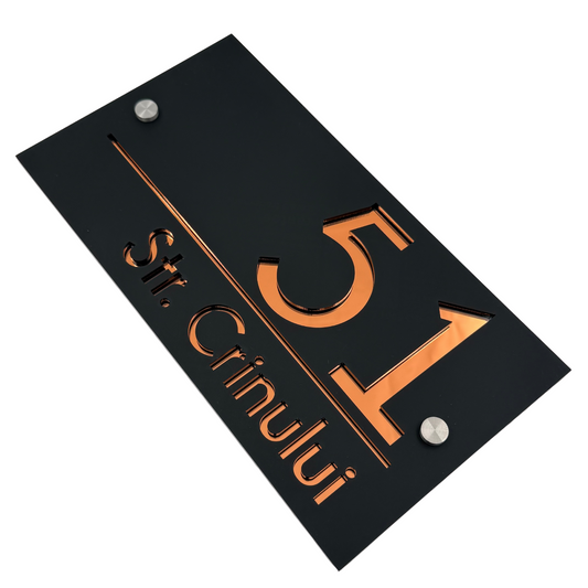 PREMIUM HOUSE NUMBER - Satin Black Copper Mirror 2 Spacers Silver - 28×15 cm