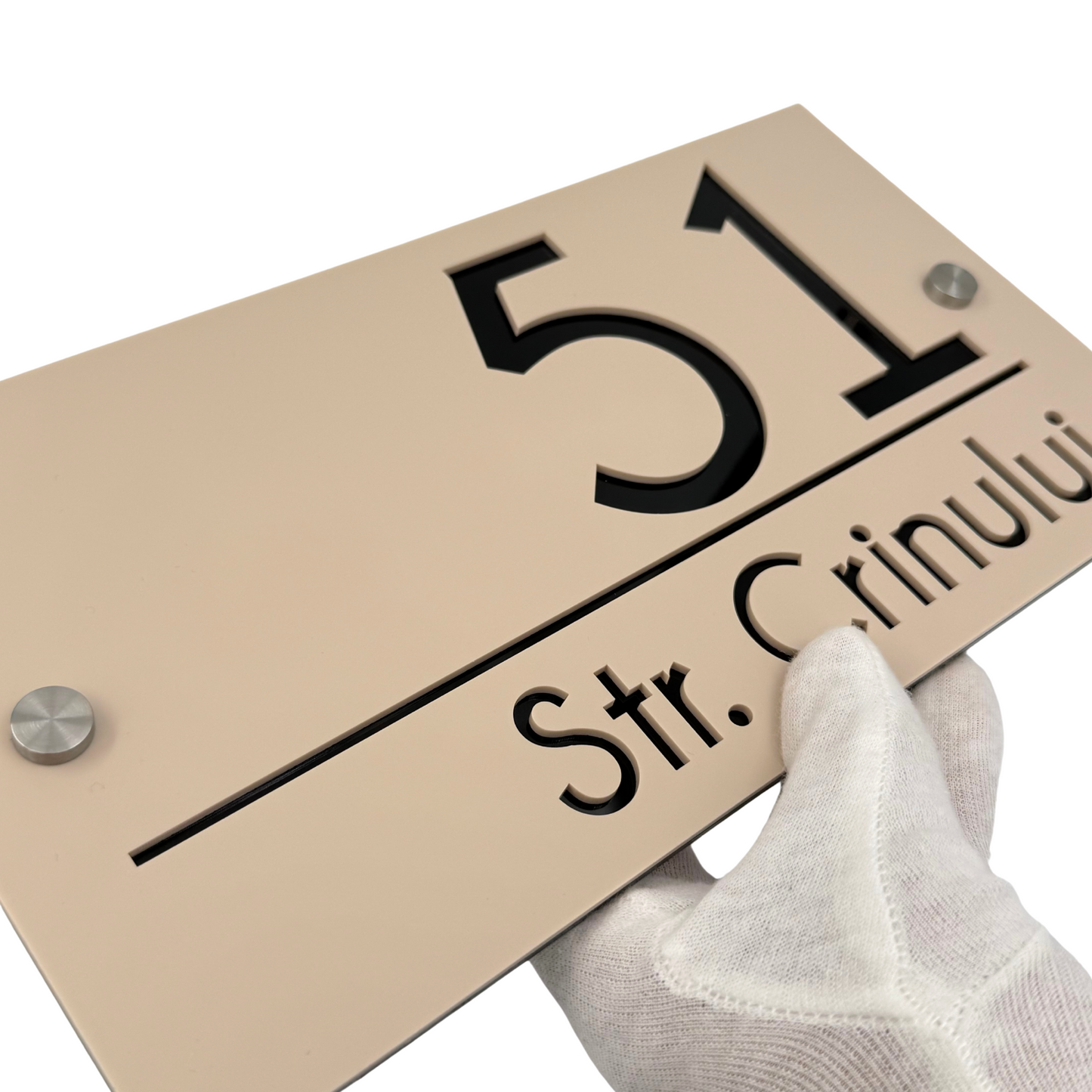 PREMIUM HOUSE NUMBER - Cream colour Satin Glossy Black 2 Spacers Silver - 28×15 cm