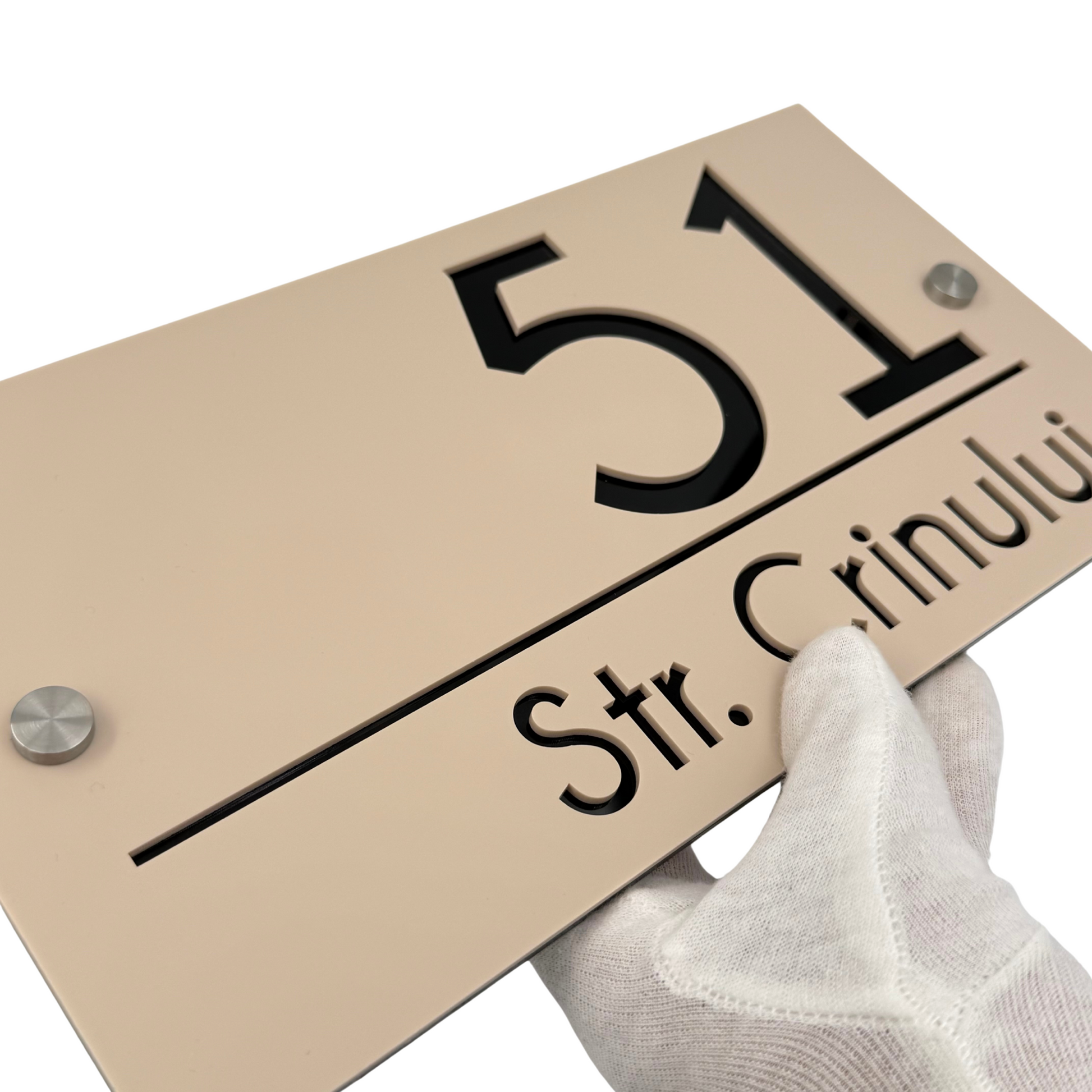 PREMIUM HOUSE NUMBER - Cream colour Satin Glossy Black 2 Spacers Silver - 28×15 cm