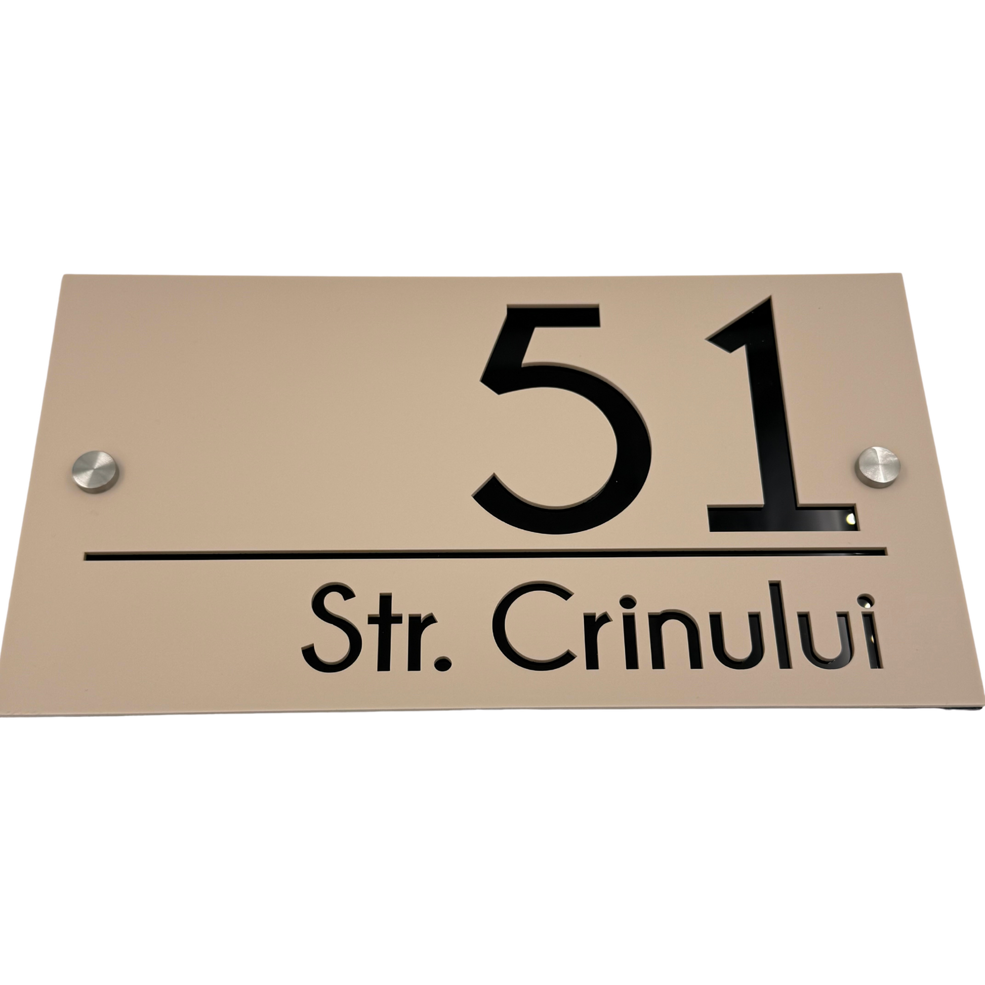 PREMIUM HOUSE NUMBER - Cream colour Satin Glossy Black 2 Spacers Silver - 28×15 cm