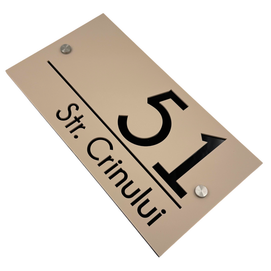 PREMIUM HOUSE NUMBER - Cream colour Satin Glossy Black 2 Spacers Silver - 28×15 cm
