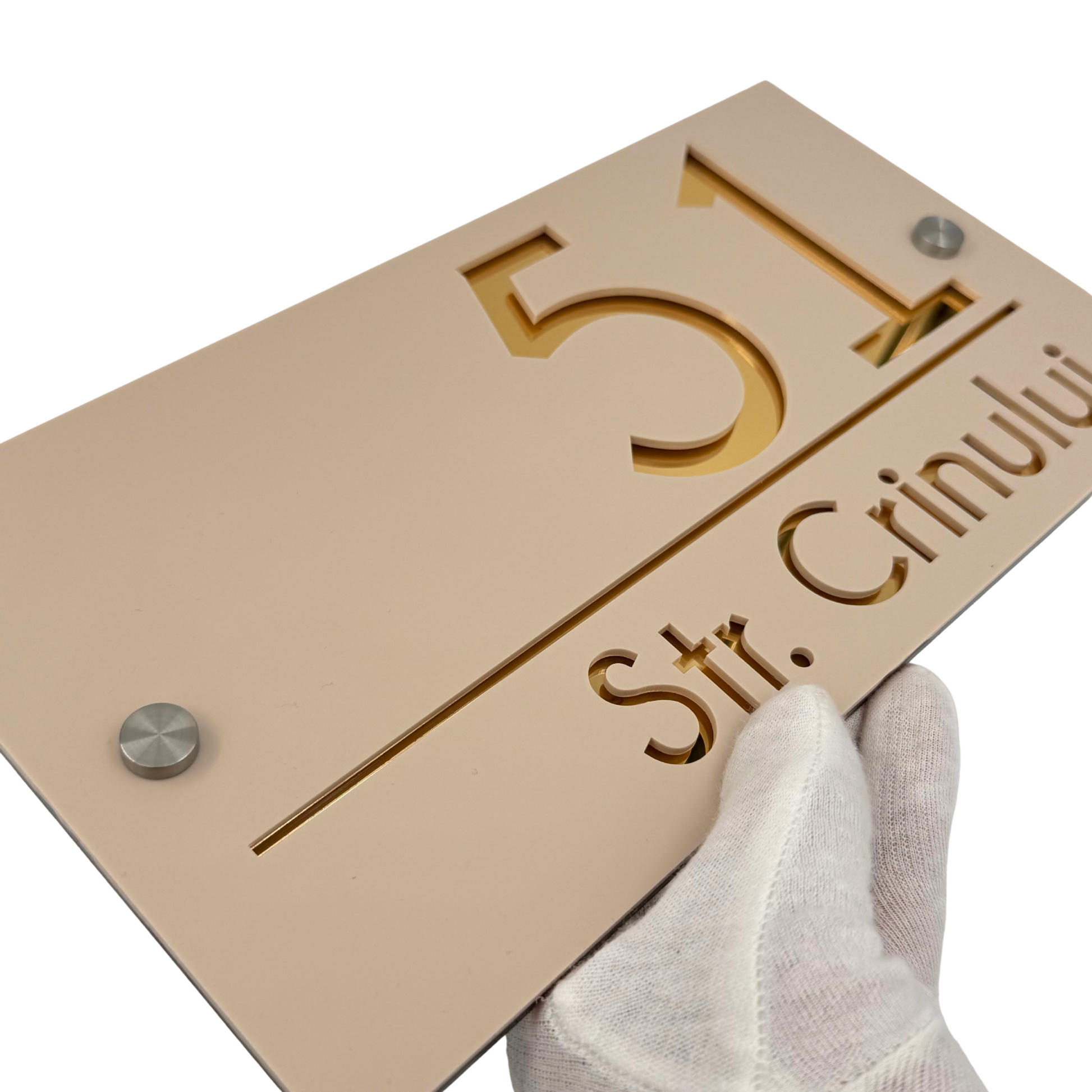 PREMIUM HOUSE NUMBER - Cream colour Satin Gold Mirror 2 Spacers Silver - 28×15 cm