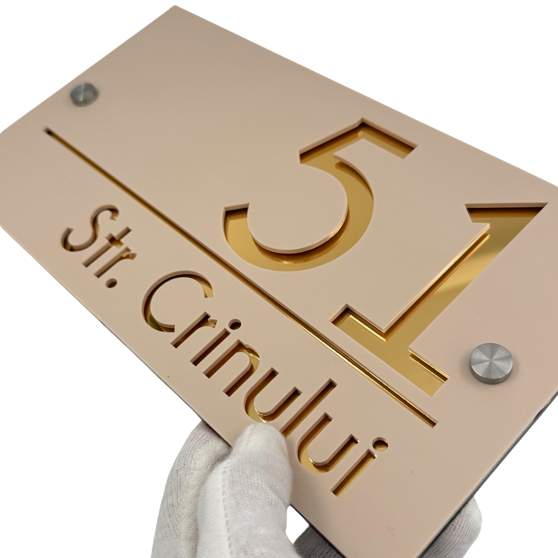PREMIUM HOUSE NUMBER - Cream colour Satin Gold Mirror 2 Spacers Silver - 28×15 cm