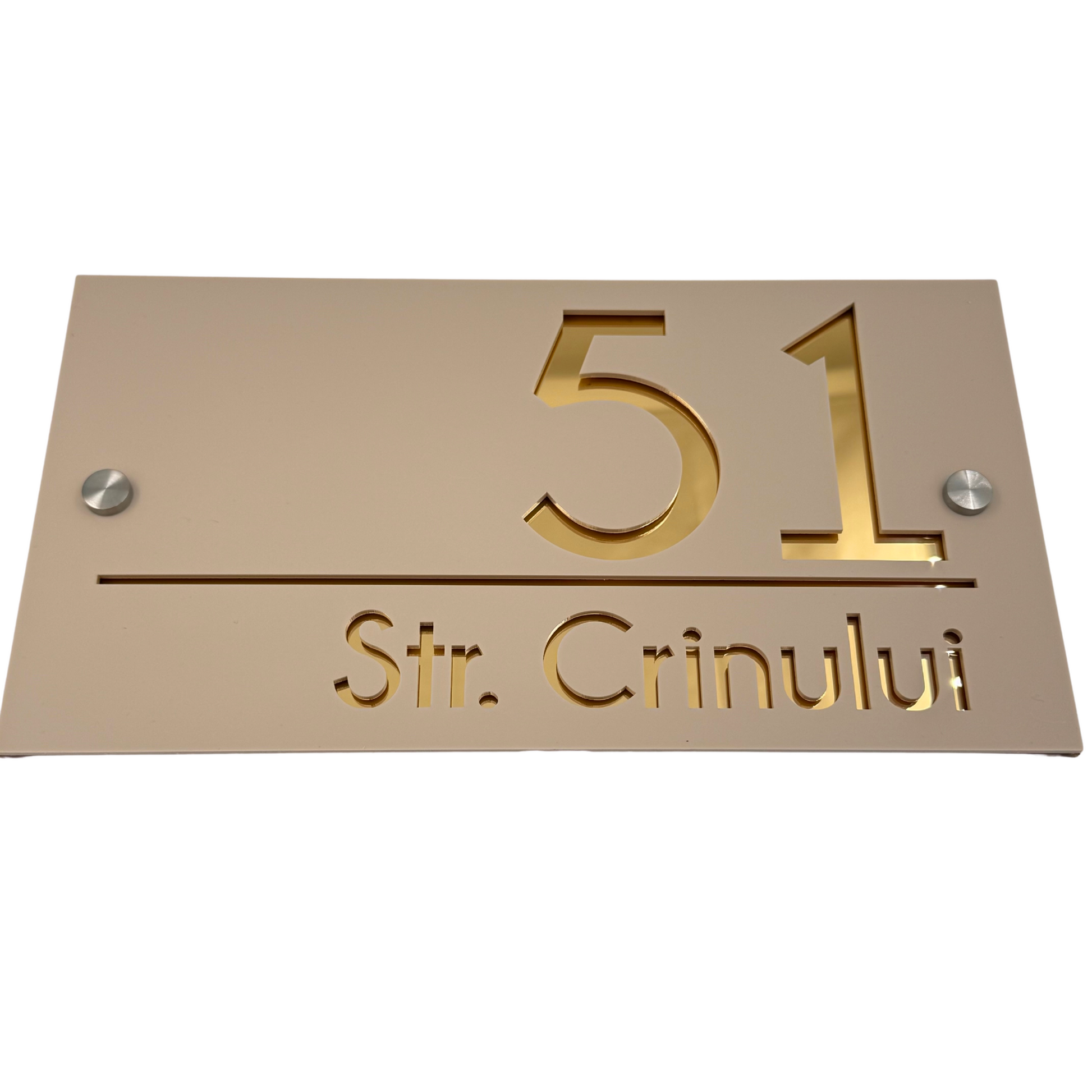 PREMIUM HOUSE NUMBER - Cream colour Satin Gold Mirror 2 Spacers Silver - 28×15 cm