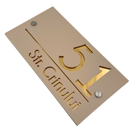PREMIUM HOUSE NUMBER - Cream colour Satin Gold Mirror 2 Spacers Silver - 28×15 cm