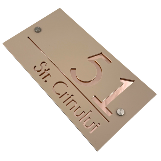 PREMIUM HOUSE NUMBER - Cream colour Satin Rose Gold Mirror 2 Spacers Silver - 28×15 cm
