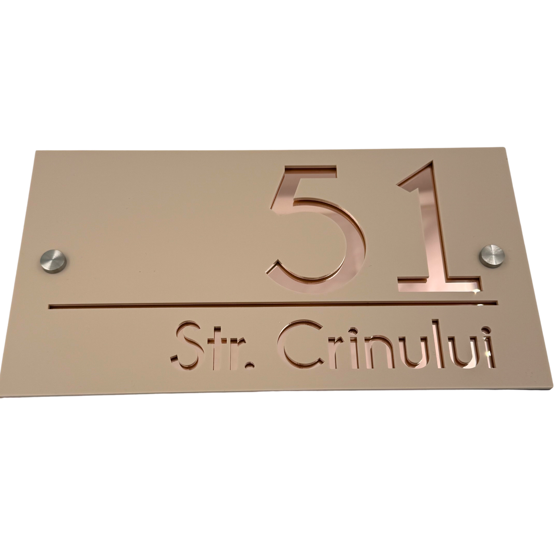 PREMIUM HOUSE NUMBER - Cream colour Satin Rose Gold Mirror 2 Spacers Silver - 28×15 cm
