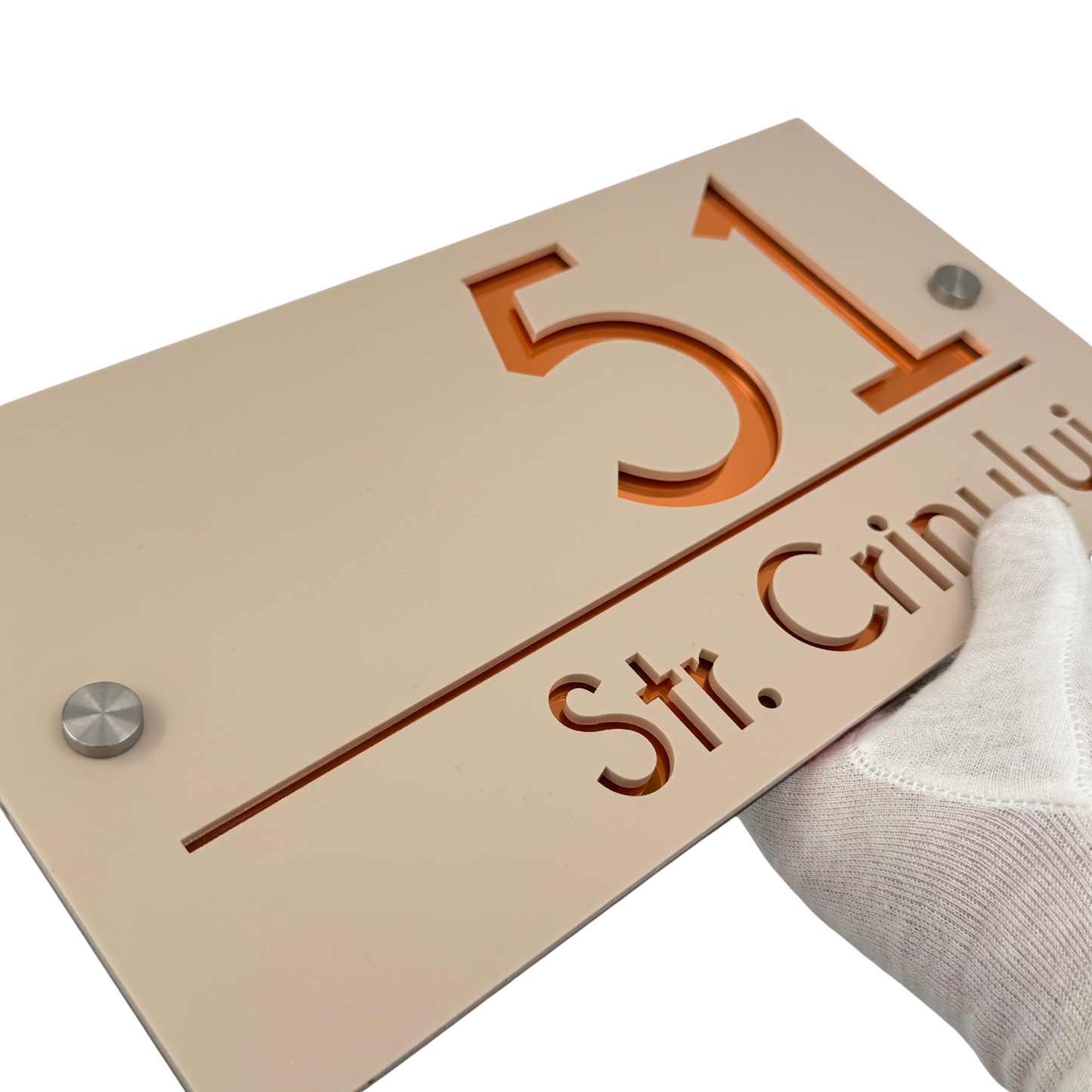 PREMIUM HOUSE NUMBER - Cream colour Satin Copper Mirror 2 Spacers Silver - 28×15 cm