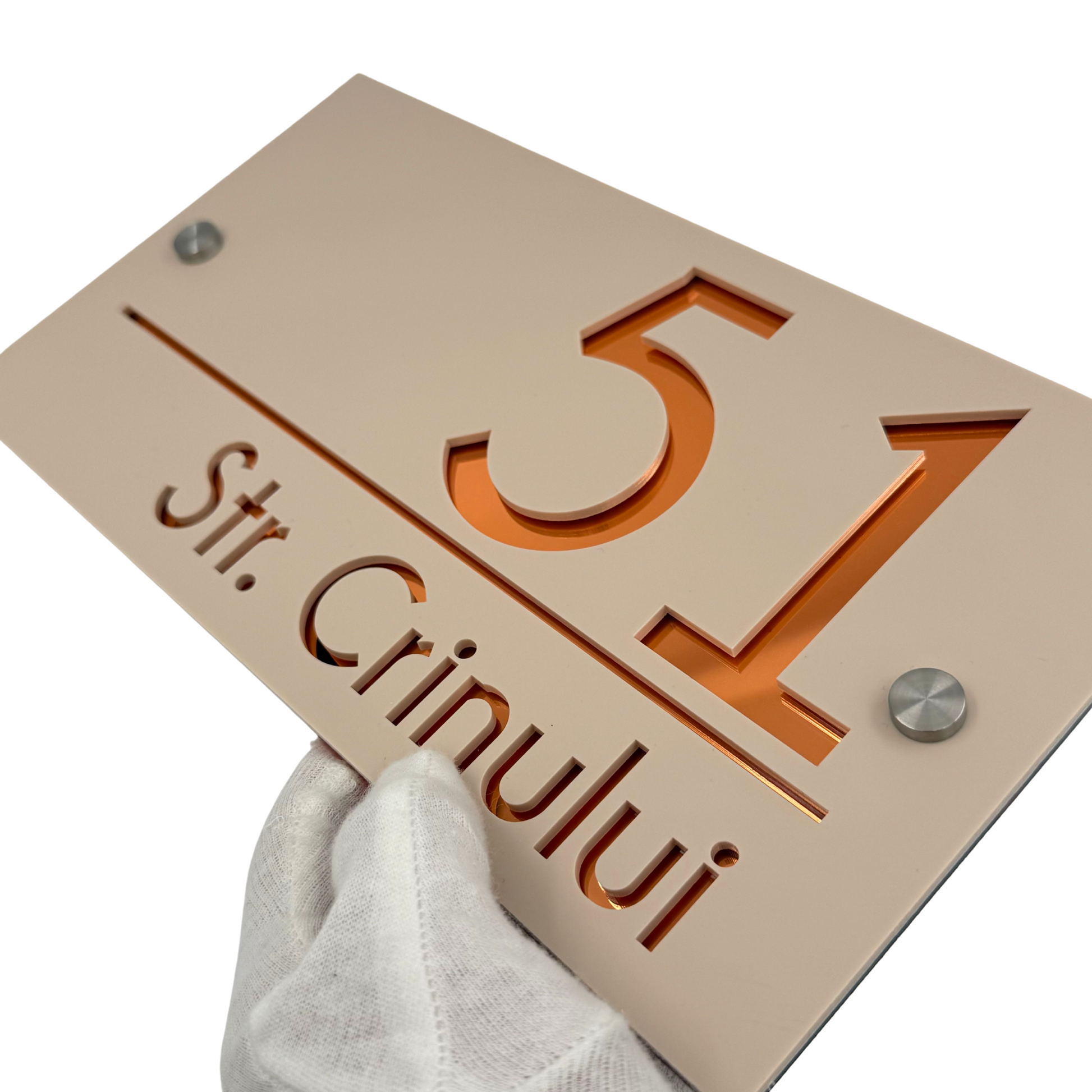 PREMIUM HOUSE NUMBER - Cream colour Satin Copper Mirror 2 Spacers Silver - 28×15 cm